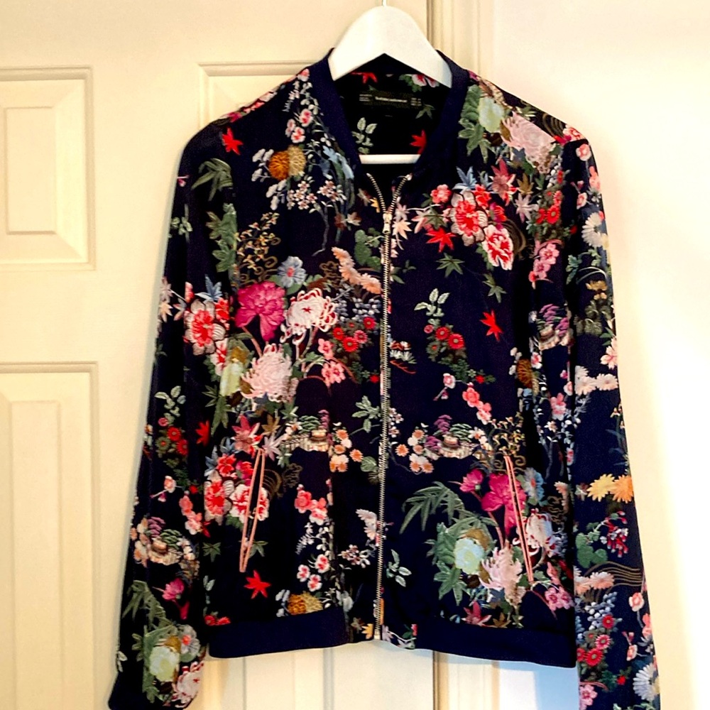 Zara Trafaluc Navy Floral Bomber Jacket